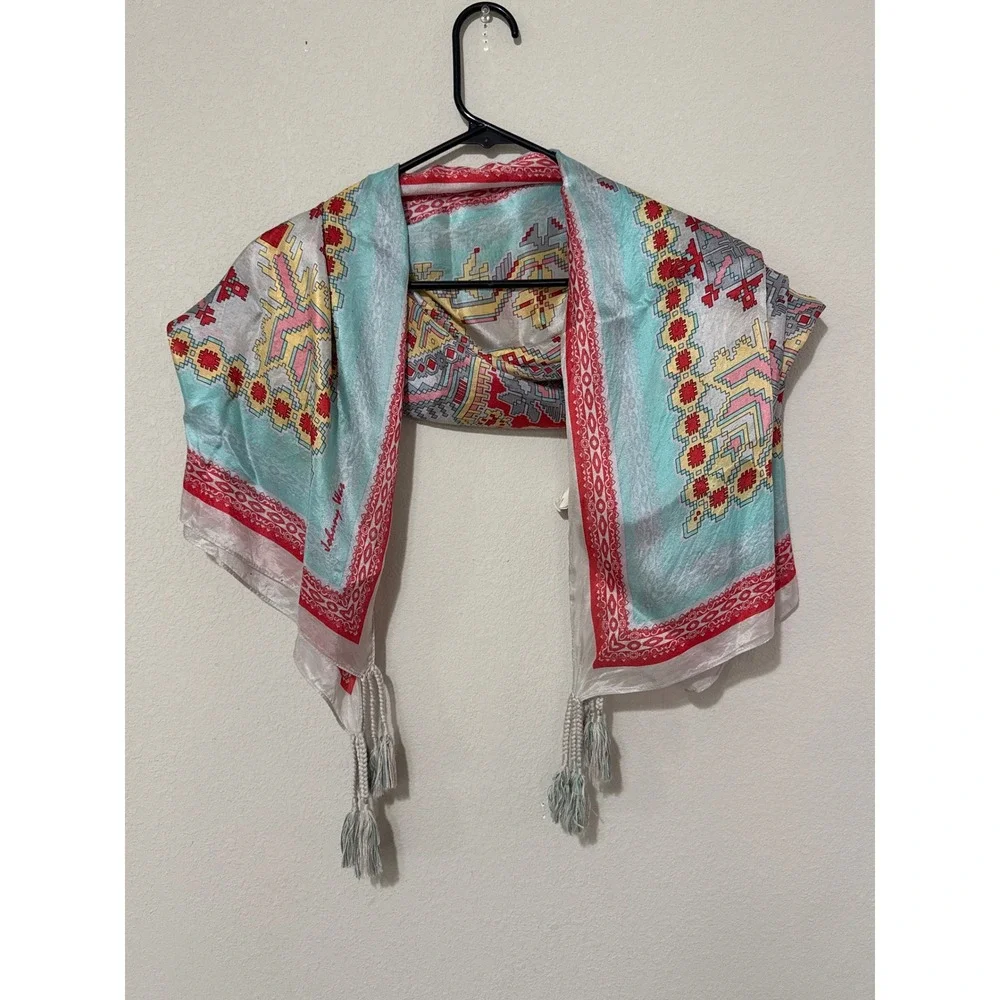 Johnny Was 100% Silk Square Scarf Tassels Southwestern Blue/Red Multi READ - Picture 1 of 8
